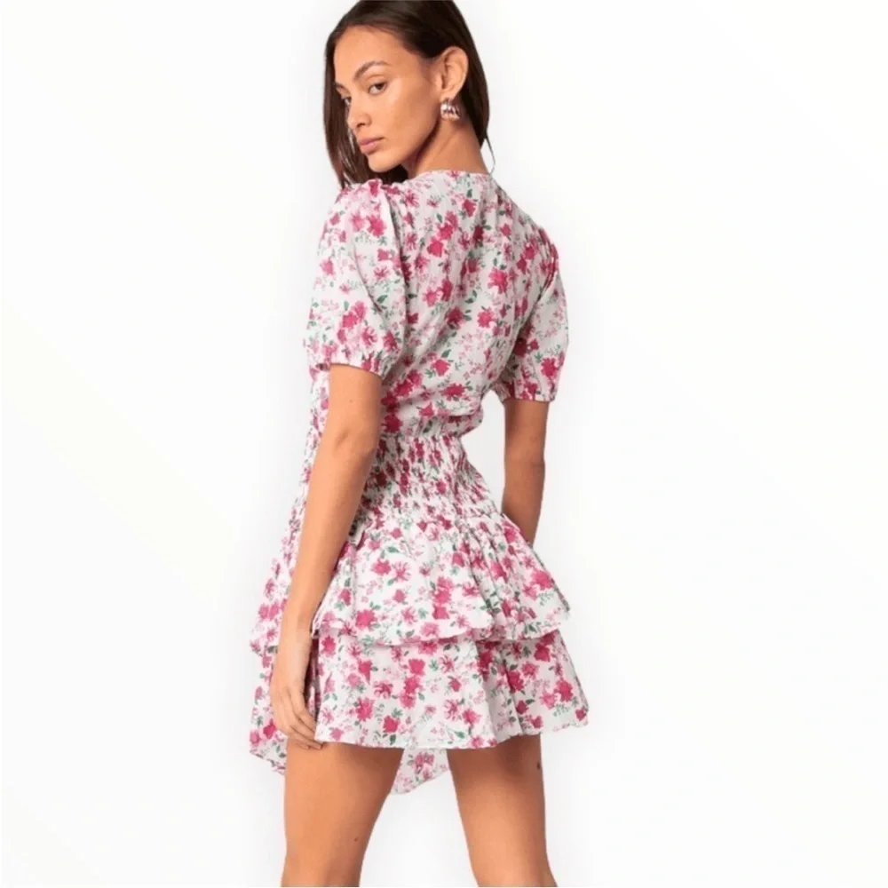 PINK Floral Smocked Waist Tie Front Tiered Ruffle Hem Cutout Dress Medium NWT